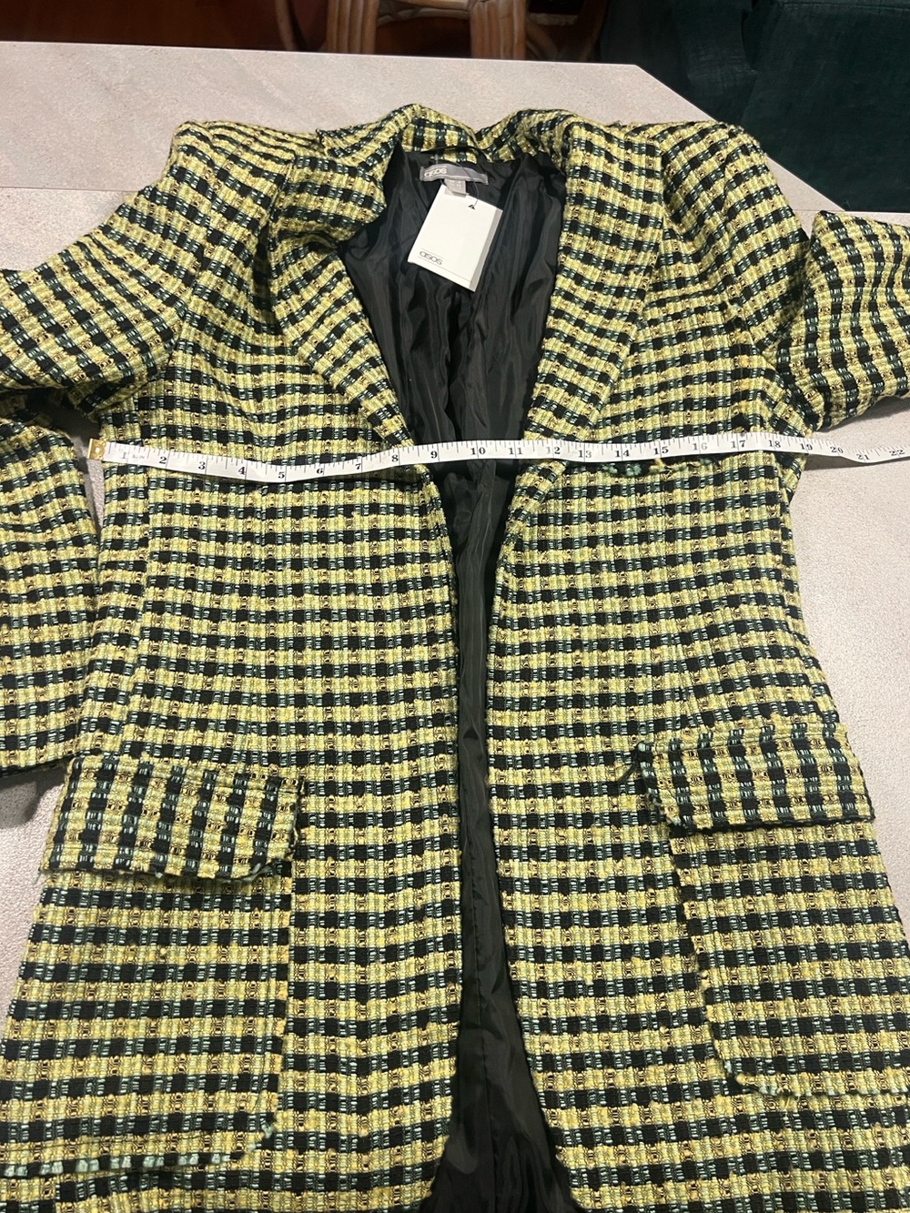 NWT, ASOS, Yellow Black Bouclé Tweed Plaid Longline Blazer Jacket,Plaid, Size 0 - Picture 8 of 10
